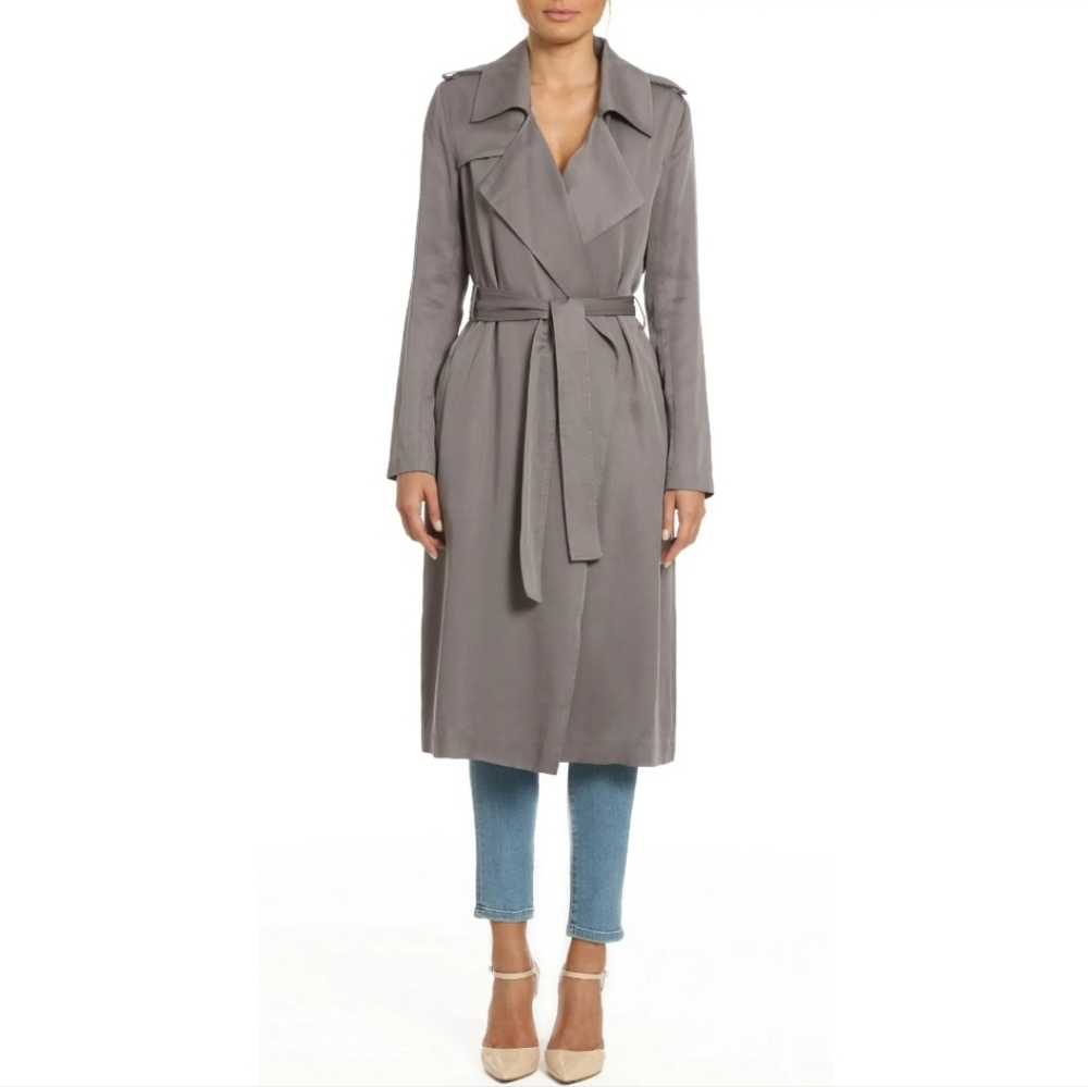 Badgley Mischka Women's Size XS Grey Angelina Belted Tie Lightweight Trench Coat